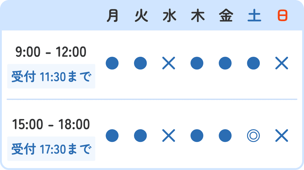 月火木金 9:00-12:00 / 15:00-18:00、土 9:00-12:00 / 14:00-18:00、水日祝 休診、受付は各 30 分前まで