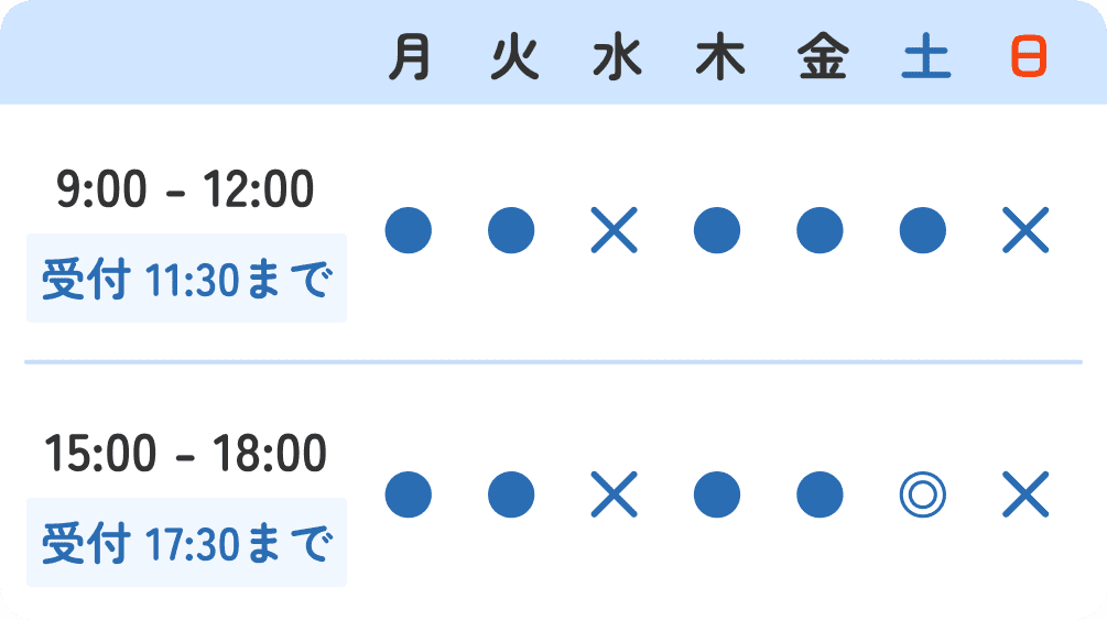 月火木金 9:00-12:00 / 15:00-18:00、土 9:00-12:00 / 14:00-18:00、水日祝 休診、受付は各 30 分前まで