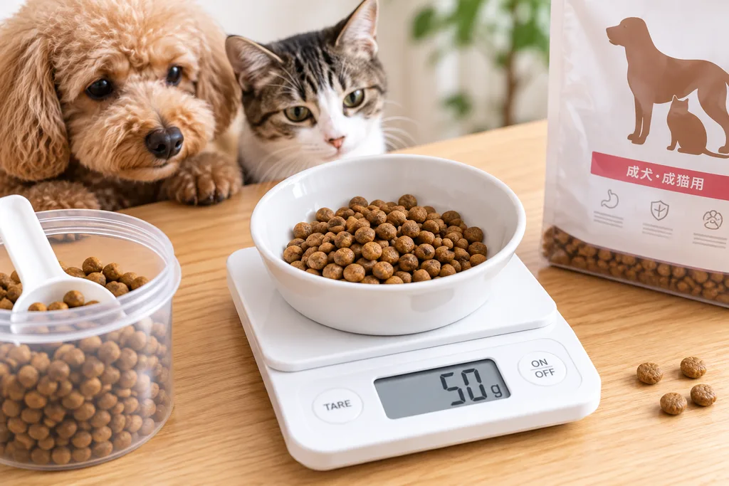 犬猫のフードをキッチンスケールでグラム測定している様子