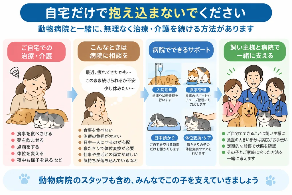 犬猫の治療や介護を飼い主様と動物病院が一緒に支える方法を示した図